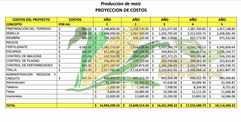 Proyecto de maiz en Excel